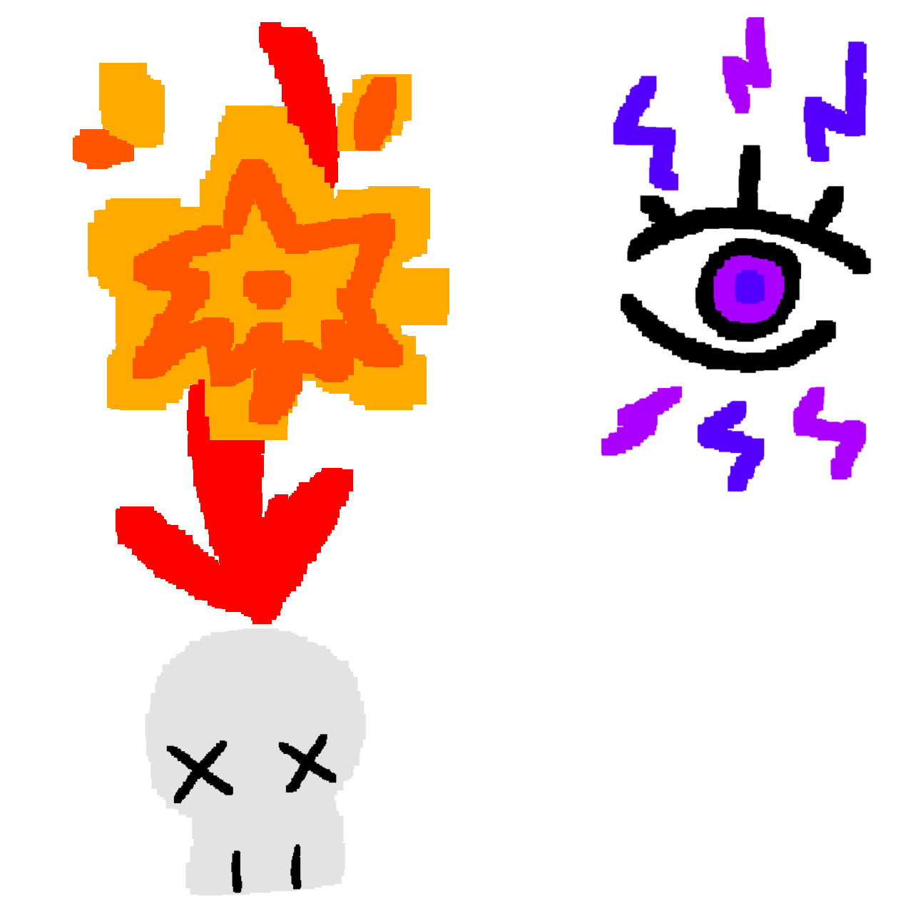 a red arrow with an explosion on top pointing towards a skull. Next to it is an eyeball with purple lighting bolts coming out of it,  representing epilepsy 